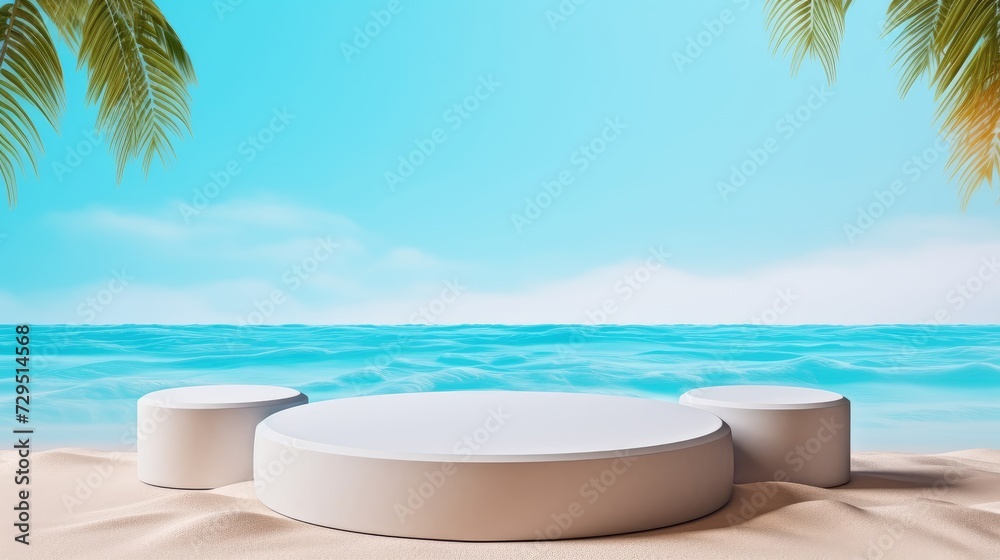 Summer sand and tropical sea background with abstract pedestal scene Summer sand and tropical sea background with abstract pedestal scene