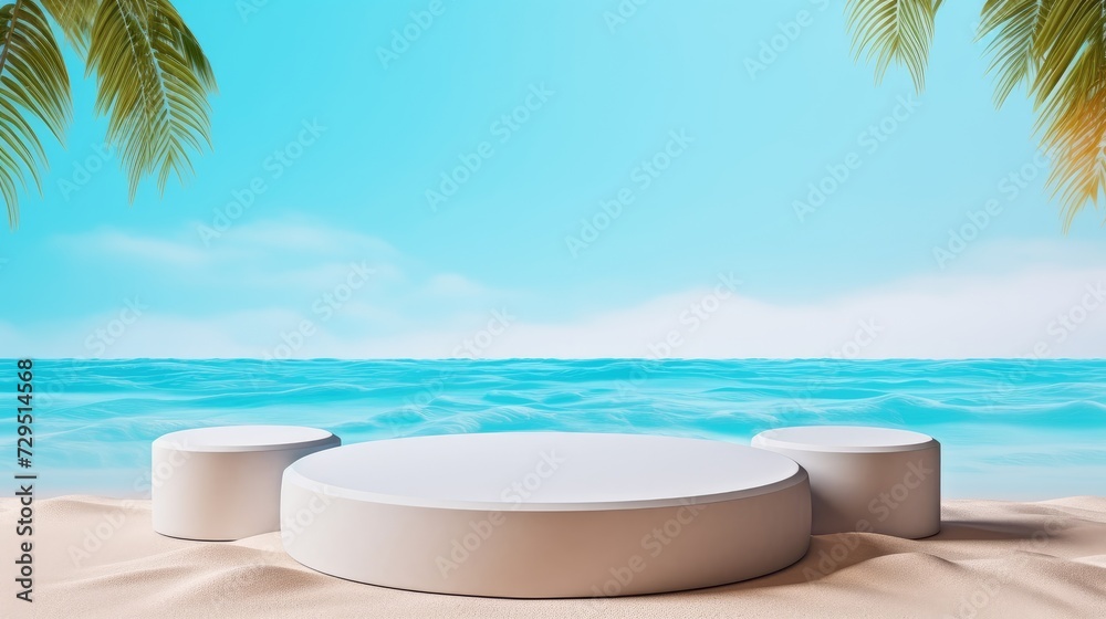 Summer sand and tropical sea background with abstract pedestal scene