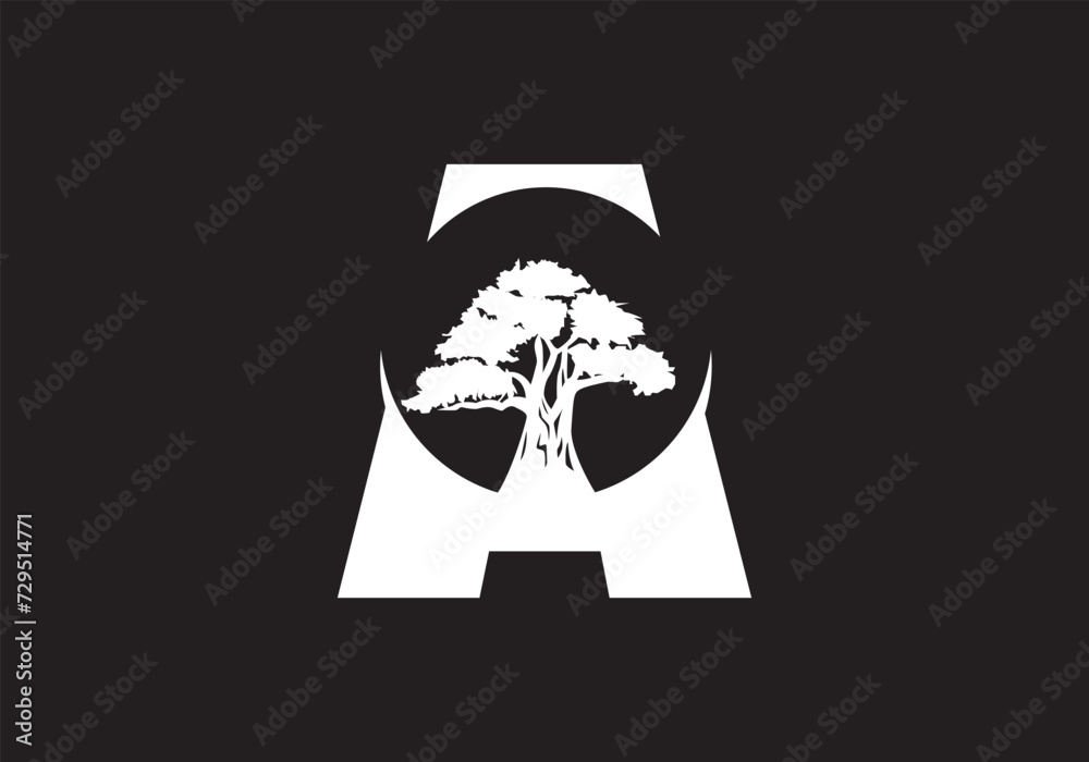 Obraz premium Abstract A Logo Letter and Tree Branches with green, black, white. Tree Letter Design with Minimalist Creative Style.