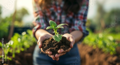 Woman holding a green seedling growing in soil. Anonymous female organic farmer protecting a young plant in her garden. Sustainable female farmer planting a sapling on her farm. 