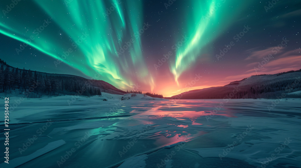 An ethereal shot of the Northern Lights dancing over a frozen lake in the wilderness.
