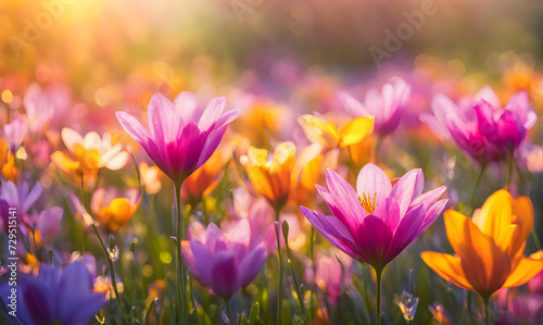 Sunny spring field: Vibrant flowers under the sun