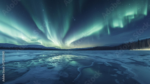 An ethereal shot of the Northern Lights dancing over a frozen lake in the wilderness.