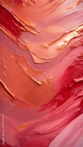Closeup of abstract vertical red burgundy, peach pink texture background. Visible oil, acrylic brushstroke, pallet knife paint on canvas. Contemporary art painting.