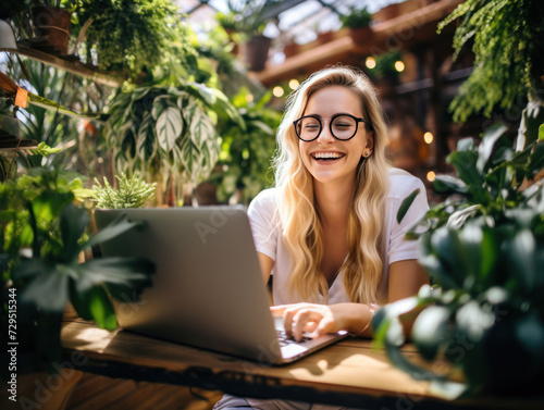 young woman using laptop in the home garden