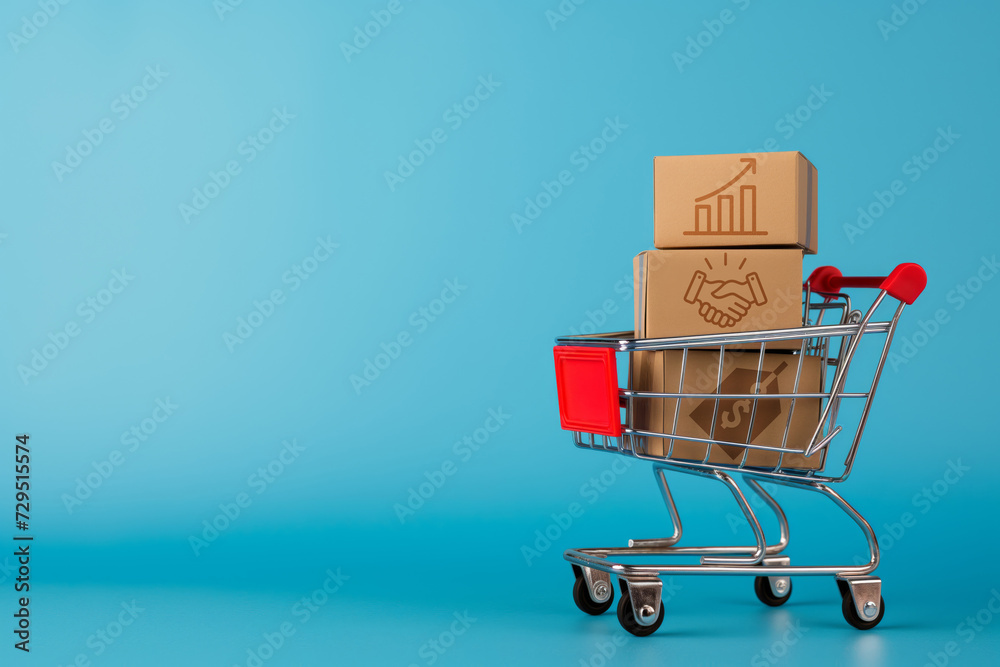 For products with cardboard boxes in it on a Blue background the concept of discounts and promotions online shopping