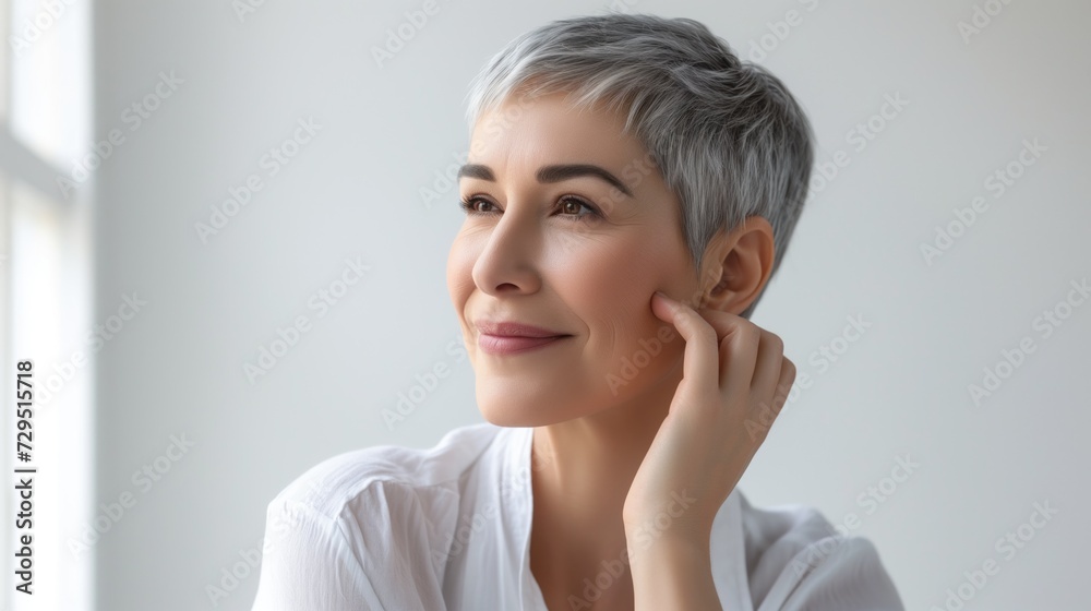 Beautiful 50s mid aged mature woman looking at camera isolated on white touching her gorgeous face Beautiful 50s mid aged mature woman looking at camera isolated on white touching her gorgeous face