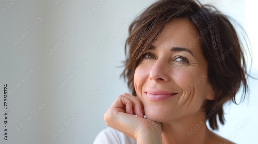 Beautiful 50s mid aged brunette mature woman with glowing skin looking at camera isolated on white touching face Beautiful 50s mid aged brunette mature woman with glowing skin looking at camera isolated on white touching face