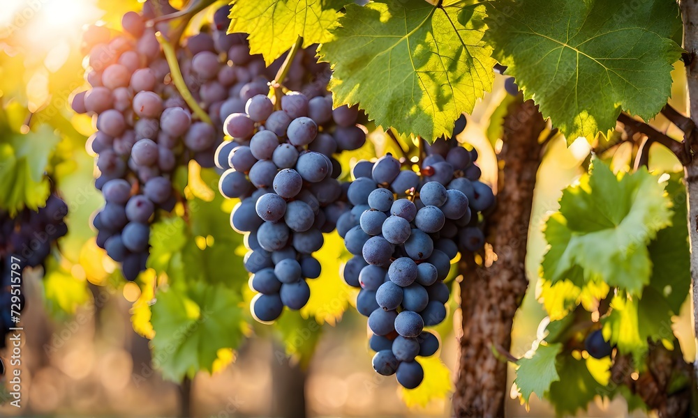 Sunny vineyard with clusters of ripe grapes in focus