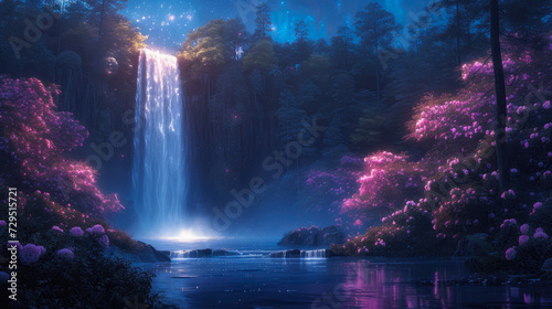 Moonlit Serenity: Cascading Waters and Blooms
