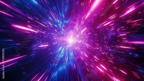 Vibrant abstract image depicting a hyperspace tunnel effect with dynamic blue and pink light streaks.
