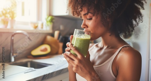 Fitness vegan woman drinking some green juice in her kitchen. Young woman serving herself wholesome smoothie vegan food at home. Taking care of her aging body with a plant-based diet. photo