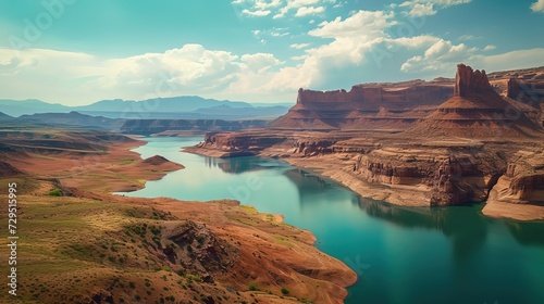 A tranquil blue river winds its way through towering desert cliffs and valleys, with lush greenery accenting the arid landscape.