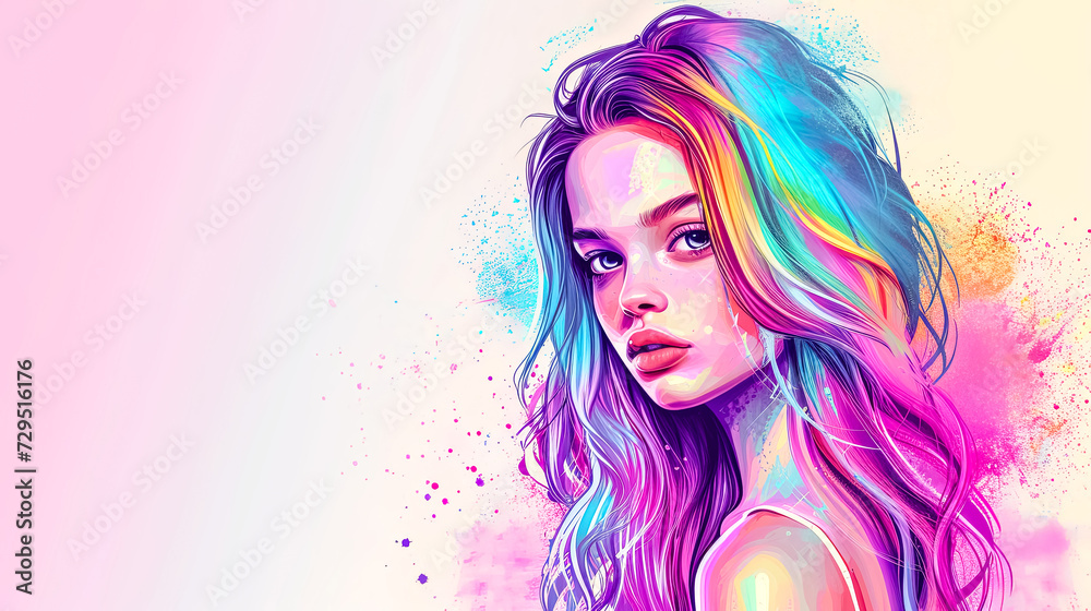 Vibrant Digital Art Portrait of Woman with Rainbow Hair and Abstract Splashes