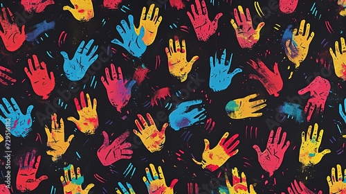 A myriad of colorful handprints strewn across a dark canvas  symbolizing a strong social bond and the beauty of diversity.