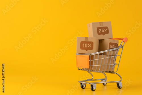 For products with cardboard boxes in it on a yellow background the concept of discounts and promotions