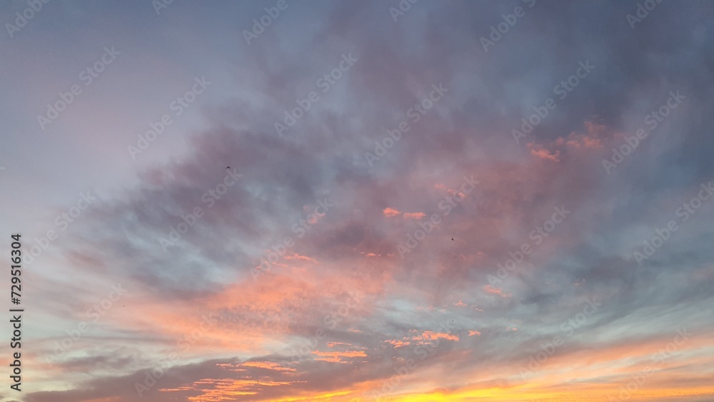 Sunset sky with clouds and distance birds