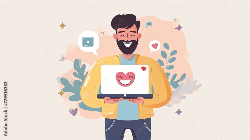 A cheerful man with a beaming smile presents a laptop screen showing a heart emoji, surrounded by a whimsical background with social media symbols.