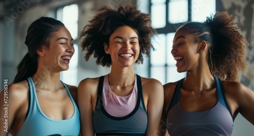 Group of three young, diverse female athletes celebrate their healthy and active lifestyle in a sports studio, smiling and laughing together while wearing sporty fitness clothes.