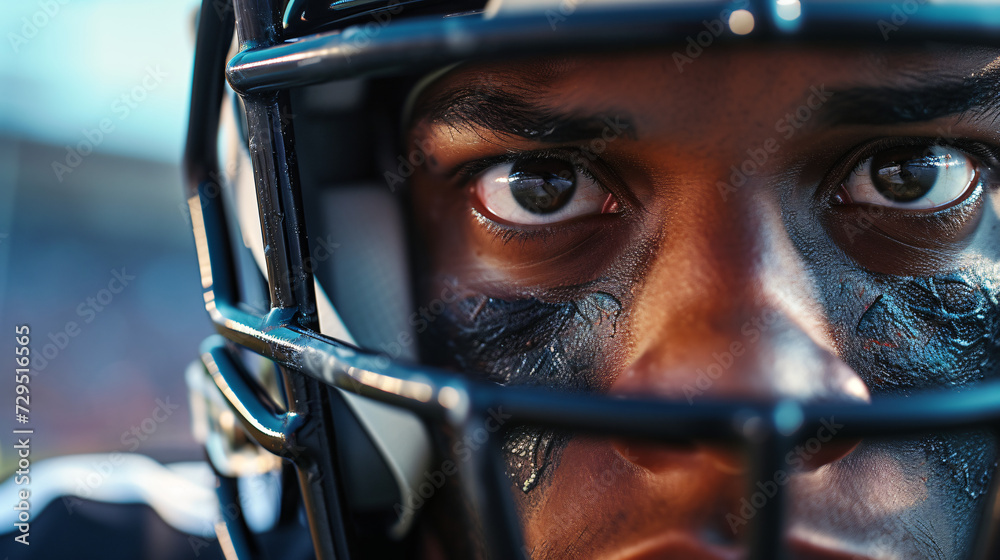 An intense close-up of a football players focused eyes helmet on under stadium lights.