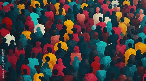 An abstract aerial view of a crowded scene with individuals in multicolored attire symbolizing diversity, society, and population dynamics. photo