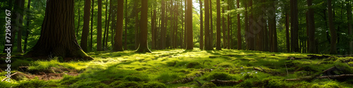 bamboo forest in the morning  sunset. pine. green relaxing. background  horizontal  landing page  banner