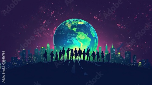 Photographie A group of people in silhouette stands on a hilltop overlooking a city skyline with a large image of Earth rising in the background under a starry sky