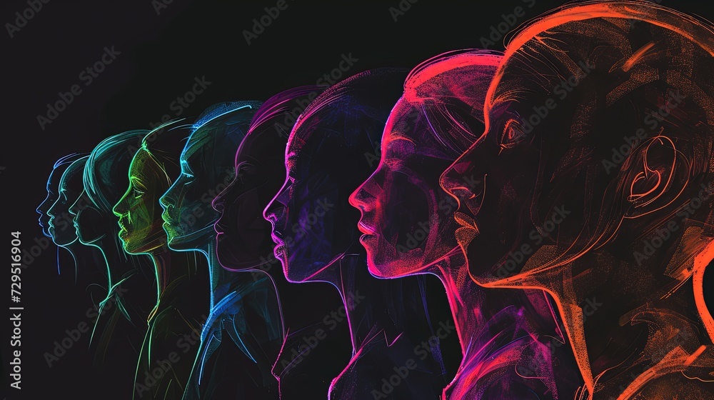 A sequential lineup of side profiles with a gradient neon outline, artistically displayed on a black background for dramatic effect. A sequential lineup of side profiles with a gradient neon outline, artistically displayed on a black background for dramatic effect.