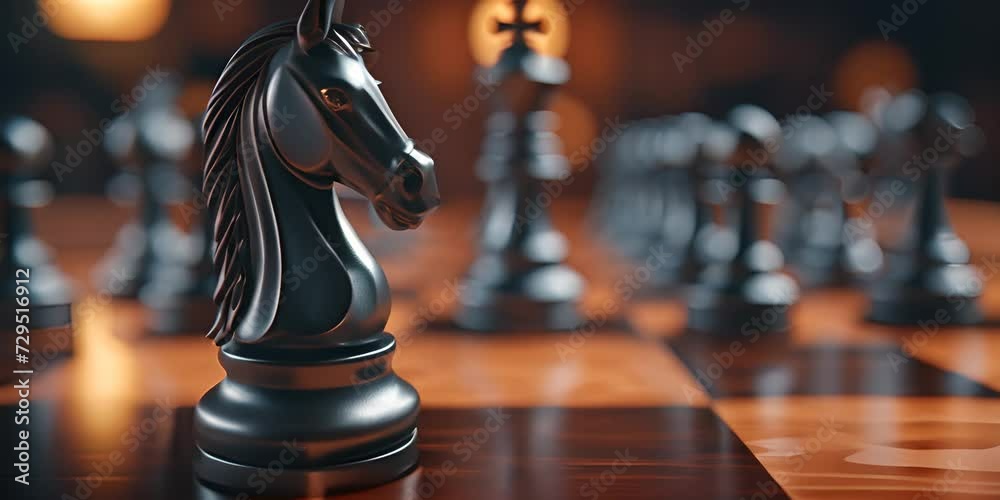 Chess knight piece against the background of arranged chess pieces. The concept of strategy and tactics in chess.