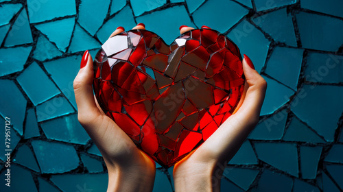 Woman’s hands are holding a red broken glass heart. A shattered heart symbolizing heartbreak, broken relationship and emotional pain. Love, broken heart and Valentines day theme