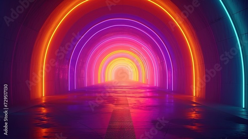 A futuristic tunnel illuminated with vibrant neon lights in a spectrum of colors creating an abstract background.