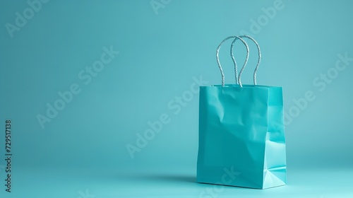 A translucent blue paper shopping bag set over a pastel blue backdrop and big space, Generative AI.