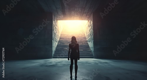 Female silhouette in an opening with light at the end of the tunnel. The concept of hope and the future. photo