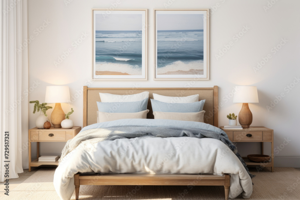 Fototapeta premium This photo showcases a bedroom with a bed and two paintings hanging on the wall.