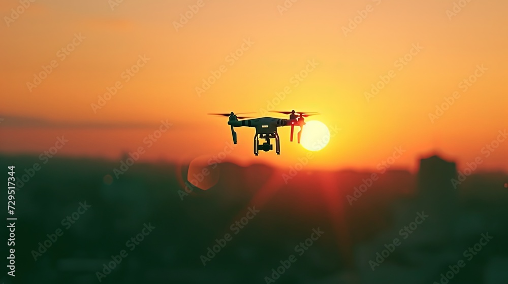 A drone with a mounted camera flies above an urban landscape during a stunning, warm sunset.