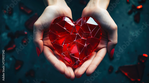 Womans hands are holding a red broken glass heart. A shattered heart symbolizing heartbreak, broken relationship and emotional pain. Concept of lost love or betrayal. photo