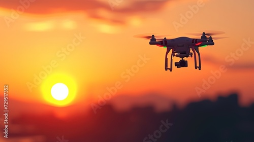 A quadcopter drone with a camera hovers in a vibrant sunset sky, capturing aerial photography or videography.