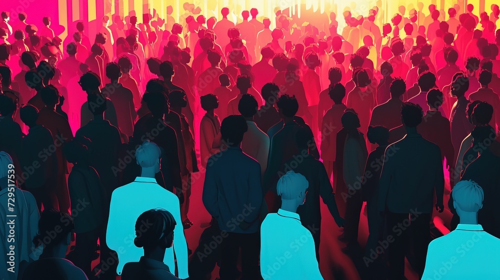 Silhouettes of a diverse crowd illuminated by neon lights at a lively nighttime social event, depicting urban life and community.