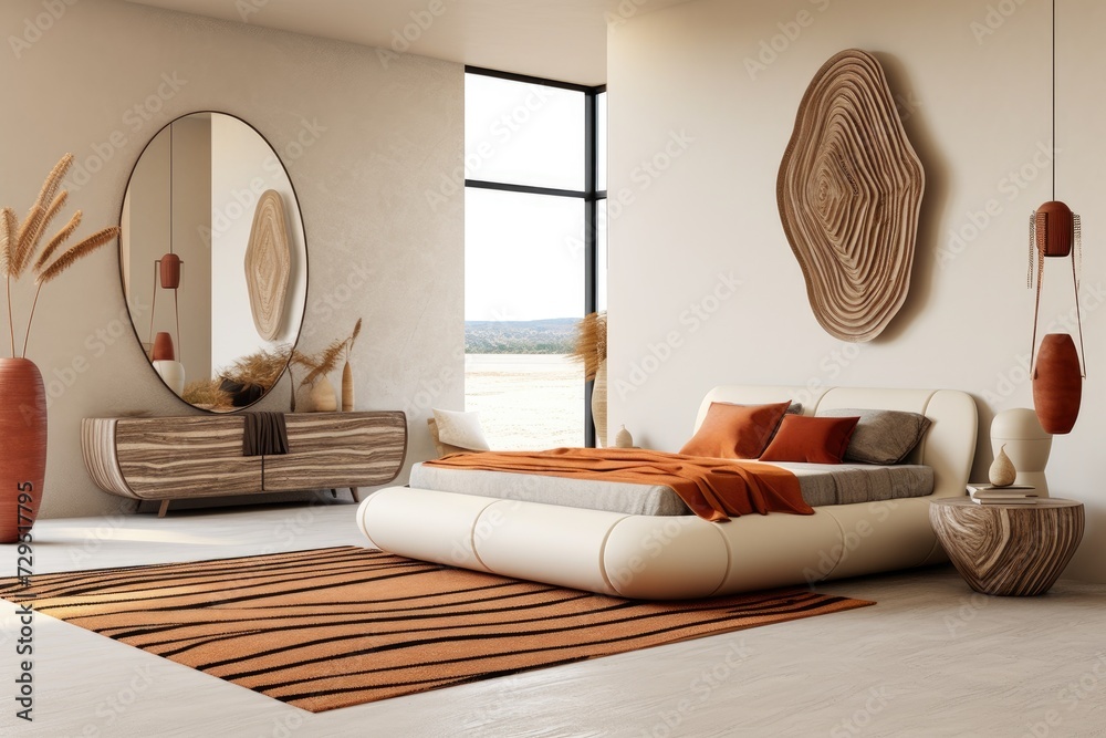 Fototapeta premium A well-lit bedroom with a generously sized bed and an expansive mirror on the wall.
