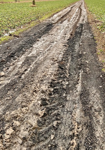 Destroyed, muddy road to the house at the village. Wet, uneven path, impossible to drive through.