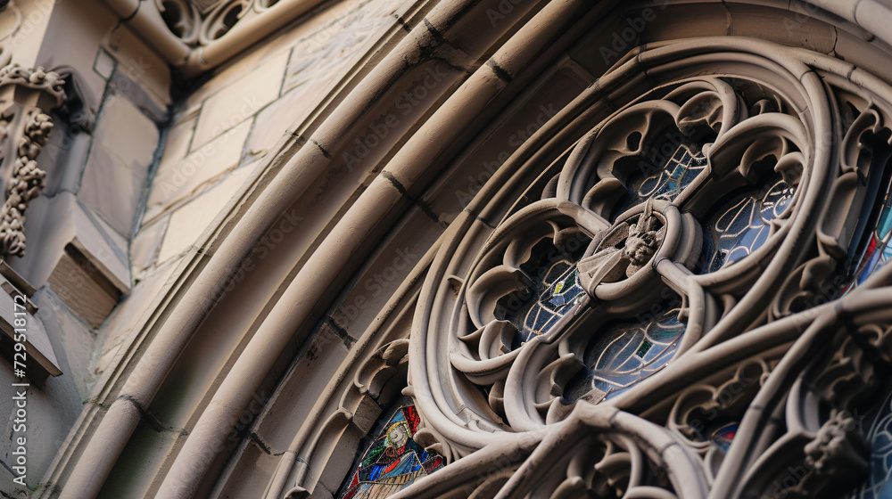 An intricate close-up of Gothic architecture details highlighting the craftsmanship of stone carvings and stained glass windows.