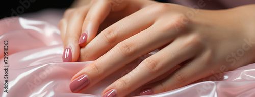 wide manicure banner background image with beautiful fingers of a lady hand with polished red color ails and smooth skin color  photo