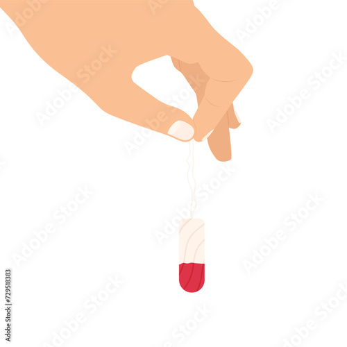 female hand holds the string of the used cotton tampon with menstrual blood - vector illustration