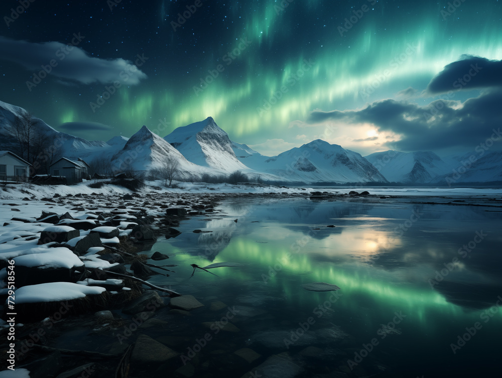 green aurora borealis, polar lights over ice and snow mountain landscape, generative ai