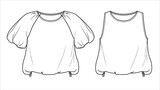 Vector round neck top fashion CAD, woman 2 pcs set t shirt  technical drawing, short sleeved tee with gathering flat, template, sketch. Jersey or woven fabric blouse with front, back view, white color