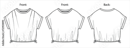 Vector round neck top fashion CAD, woman 2 pcs set t shirt  technical drawing, short sleeved tee with gathering flat, template, sketch. Jersey or woven fabric blouse with front, back view, white color photo