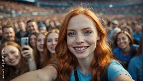 Exuberant redhead woman with freckles taking a selfie with a crowd at a concert, her blue eyes and bright smile conveying excitement and enjoyment of the moment.