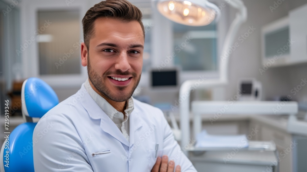 A man in a dentist's chair with his arms crossed A man in a dentist's chair with his arms crossed