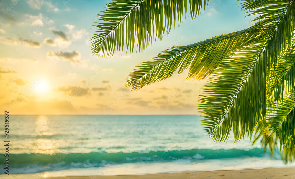 Serene summer beach scene with palm leaves, sand, and sea Serene summer beach scene with palm leaves, sand, and sea