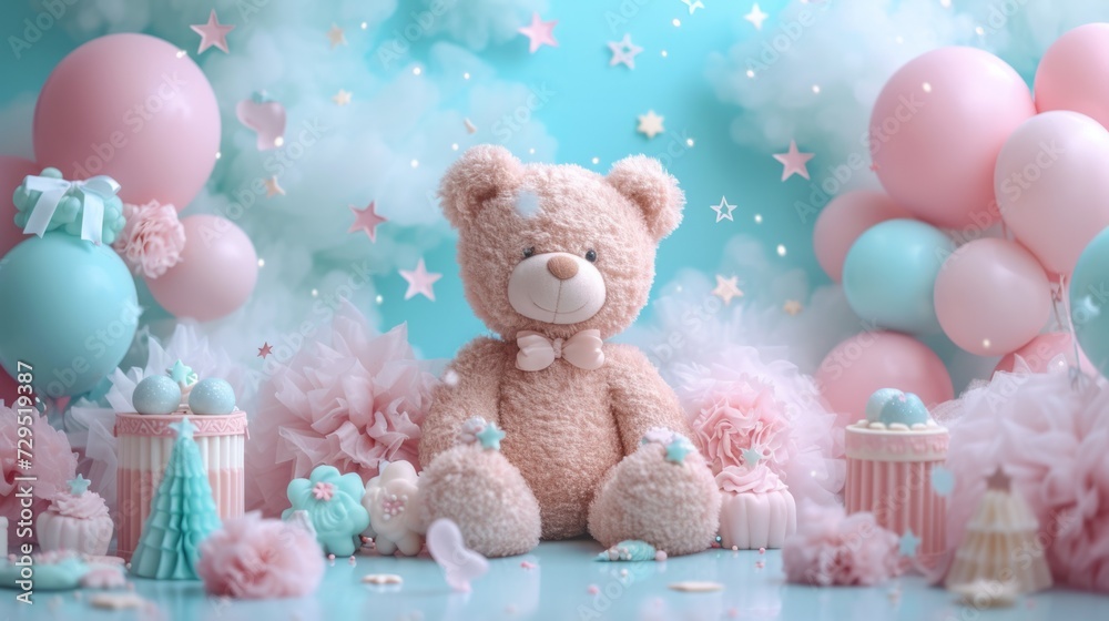 A teddy bear sitting in front of a bunch of balloons A teddy bear sitting in front of a bunch of balloons